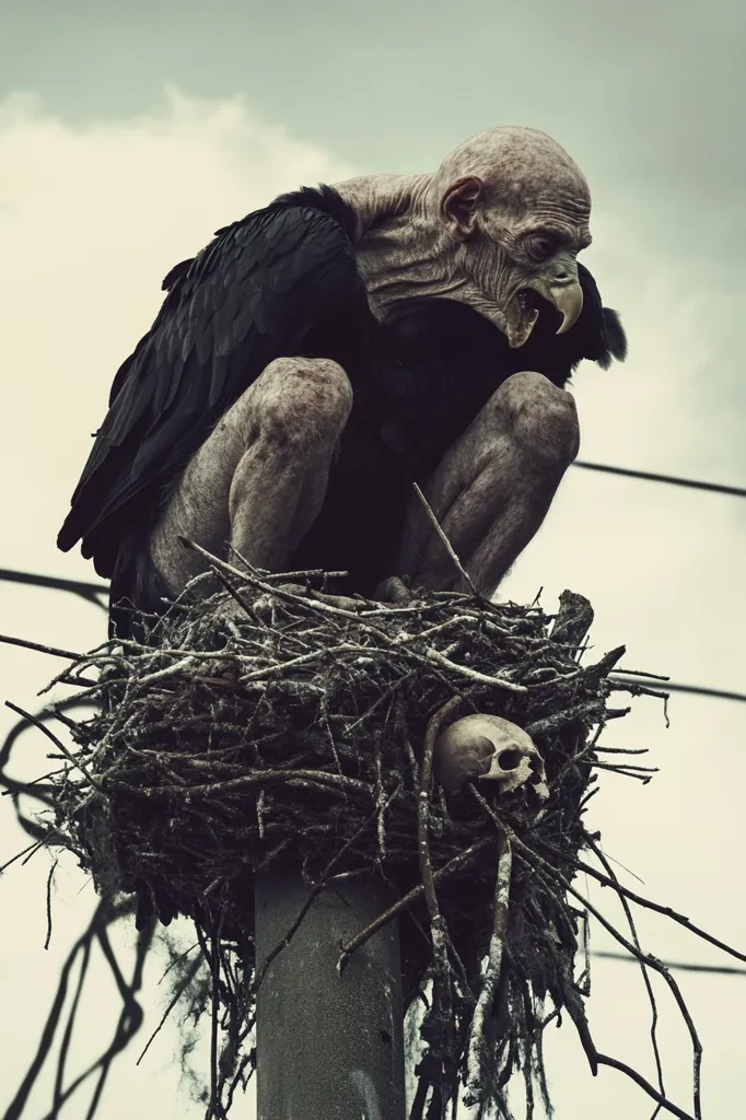 A grotesque, humanoid creature with vulture-like wings sits hunched in a large, dilapidated nest atop a weathered pole.  Its skin is pallid and wrinkled, its features gaunt. The nest is filled with tangled branches and debris, and a human skull rests within its depths.  The overall atmosphere is dark and ominous, suggesting decay and death.