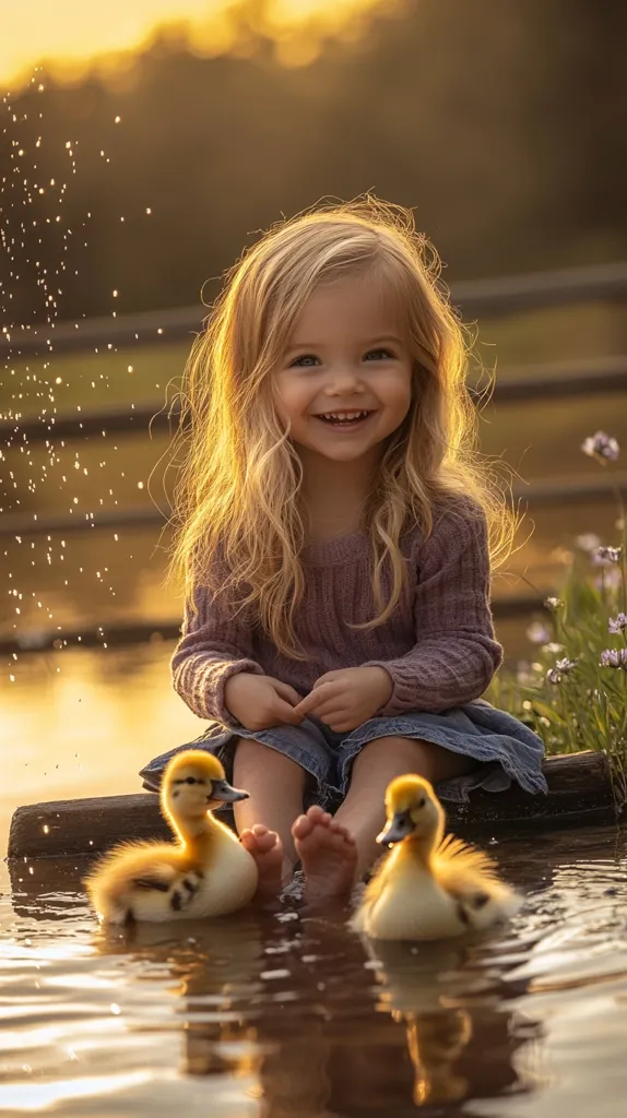 A little girl with long blonde hair sits by a calm body of water at sunset.  She's wearing a mauve sweater and denim shorts, and her bare feet dangle in the water alongside two fluffy yellow ducklings.  The scene is idyllic and peaceful, bathed in the warm glow of the setting sun. Water droplets sprinkle around her, adding to the magical atmosphere.