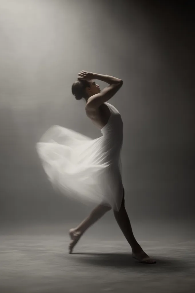 A ballerina, captured in mid-movement, gracefully leaps across a muted gray studio.  Her white, flowing dress billows around her as she extends her arm overhead.  The soft lighting and atmospheric haze create a dreamlike, ethereal quality, emphasizing the dancer's poise and fluidity.  The overall mood is one of elegance and artistic expression.
