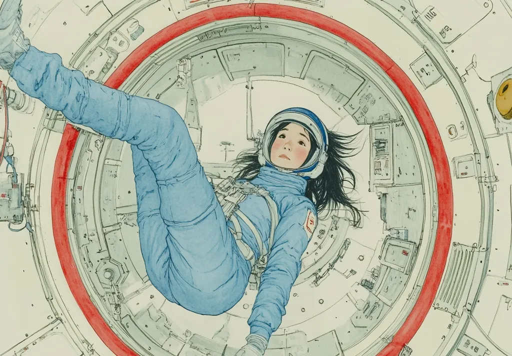 A young woman astronaut, in a light blue spacesuit, floats weightlessly inside a spacecraft's circular passageway.  Her dark hair floats around her, and her expression is serene. The detailed illustration depicts the interior of the spacecraft with intricate lines and muted colors, creating a sense of both wonder and isolation. The red ring of the passageway provides a striking contrast.