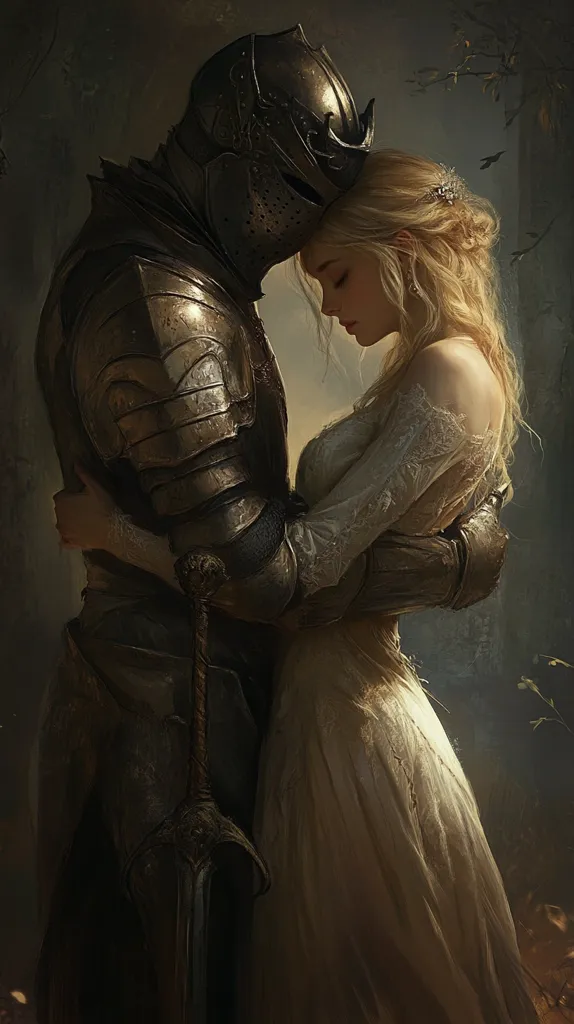 A knight in full armor, his helmet resting on a blonde woman's head, embraces her gently.  She wears a flowing white gown, her eyes closed in peaceful repose. The scene is dimly lit, evoking a romantic, medieval atmosphere within a dark forest setting. The knight's sword is visible at his side, adding a touch of heroism to the tender moment.  Their embrace is a picture of love and protection.