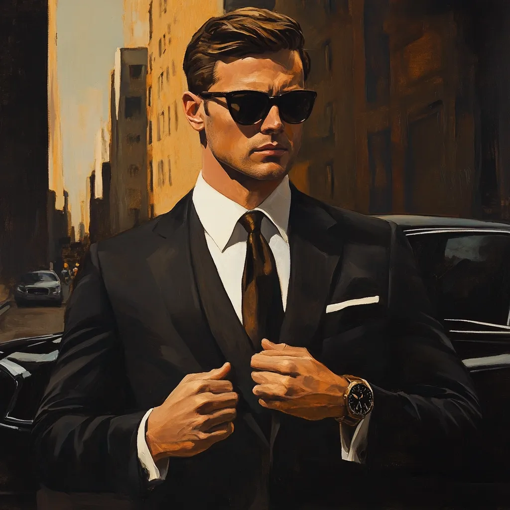 A stylish man in a sharp black suit stands on a city street, adjusting his jacket.  He wears dark sunglasses and a brown tie, exuding confidence and sophistication. A luxury car is partially visible in the background, adding to the image's air of wealth and elegance.  The painting's warm tones and meticulous detail create a striking portrait.
