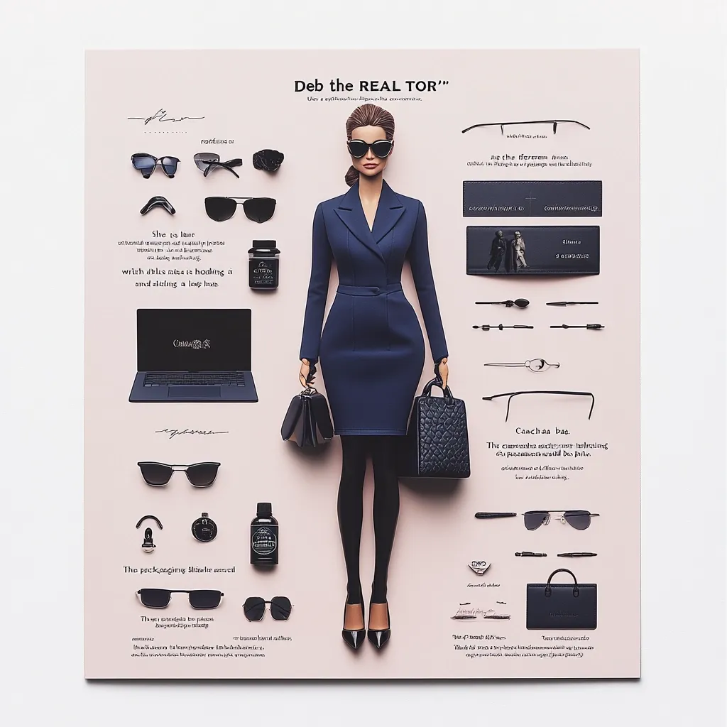 A stylish Barbie-esque illustration showcases "Deb the REAL TOR," a sophisticated woman in a navy power suit.  Surrounding her are various accessories: sunglasses, a laptop, handbags, and packaging. The scene is meticulously arranged, creating a visually appealing and cohesive advertisement for a luxury brand, emphasizing elegance and attention to detail.  The overall aesthetic is minimalist and chic.