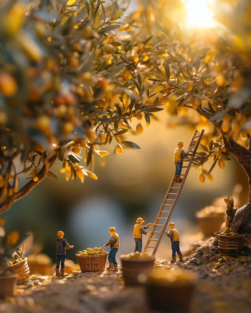 Miniature figures harvest olives from a laden olive tree bathed in golden sunlight.  Small workers gather the ripe fruit into woven baskets at the base of the tree.  One figure climbs a ladder to reach higher branches. The scene is idyllic and charming, showcasing a miniature world of agricultural labor.