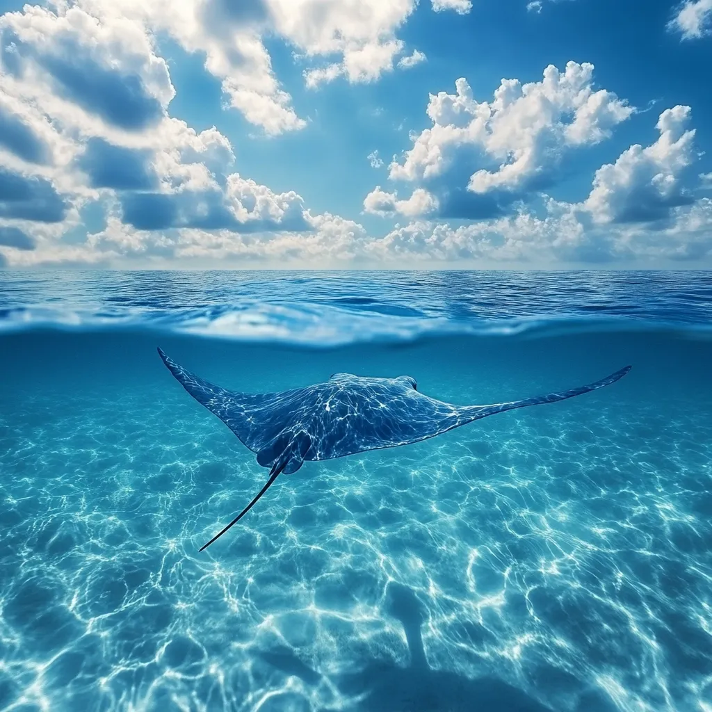 A majestic manta ray glides gracefully through crystal-clear turquoise waters.  The sunlit ocean surface reveals a vibrant blue sky dotted with fluffy white clouds.  The underwater scene showcases the ray's sleek form and the rippling patterns of light on the seabed. This split-level image captures a tranquil moment in a tropical paradise.