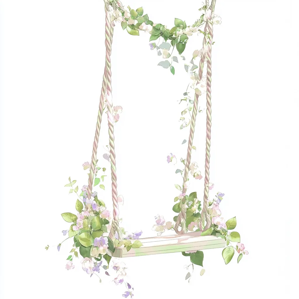 A charming illustration depicts a rope swing adorned with delicate pastel flowers and lush green leaves. The swing's simple wooden seat is elegantly framed by the blossoming vines, creating a whimsical and romantic scene. The soft color palette and detailed botanical elements evoke a sense of serenity and tranquility. The image is perfect for various purposes, from wedding invitations to home décor.