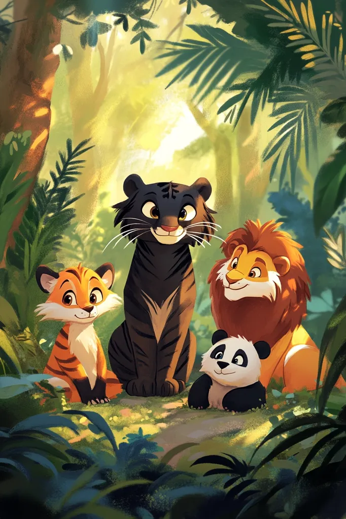 A charming illustration depicts a black tiger, an orange tiger cub, a friendly lion, and a cute panda bear.  The animals are gathered together in a lush, sun-dappled jungle setting, amidst vibrant green foliage and undergrowth. The style is whimsical and cartoonish, with soft lighting and a focus on the endearing expressions of the animals.  They appear to be close friends, creating a peaceful and heartwarming scene.