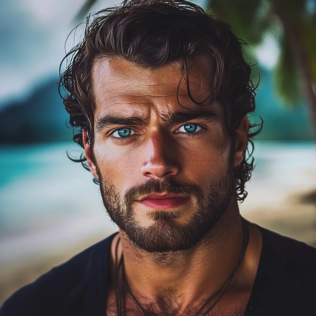 Close-up portrait of a handsome man with wavy dark hair, a well-groomed beard, and striking blue eyes.  His tan skin and intense gaze create a captivating image. He's wearing a dark shirt and a simple necklace, suggesting a casual yet stylish look. The blurred background hints at a tropical beach setting.