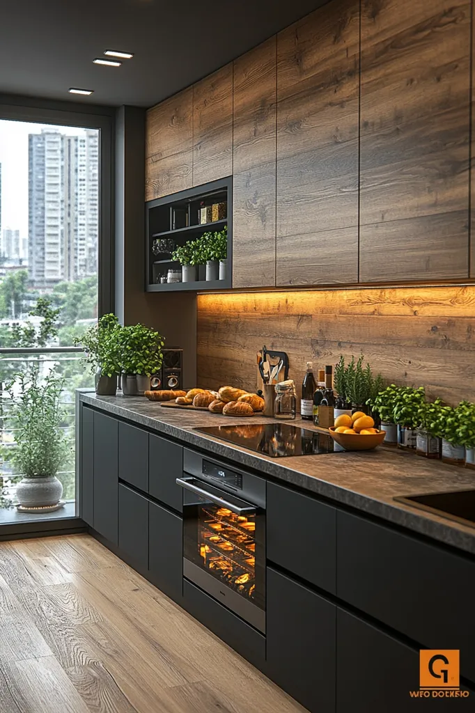 A modern kitchen boasts a sleek design with dark gray cabinetry and warm wood upper cabinets.  The countertop is a dark stone, and the backsplash is a matching wood panel.  Under-cabinet lighting illuminates the space.  A built-in oven is visible, and fresh herbs and fruit add a touch of natural warmth.  Large windows offer a city view.  The overall aesthetic is sophisticated and contemporary.