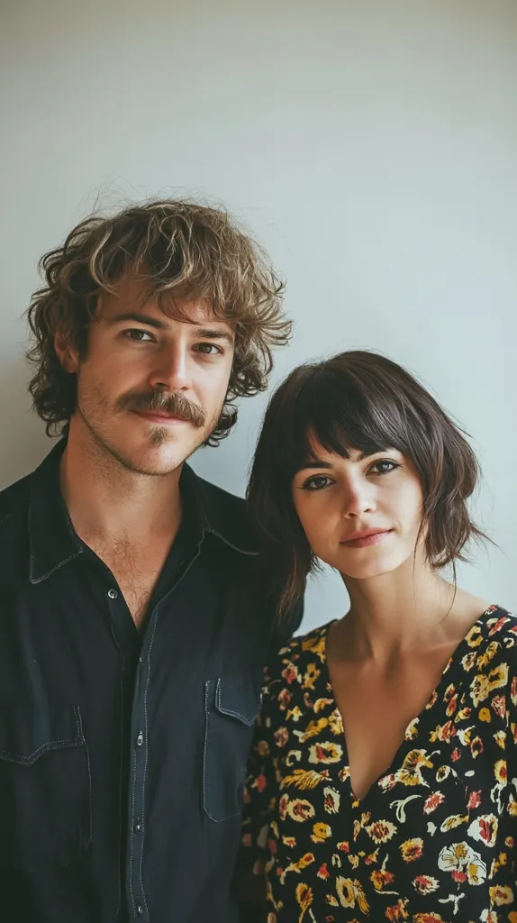 A portrait of a man and a woman standing close together against a light gray background. The man has curly brown hair and a mustache, wearing a dark button-up shirt. The woman has shoulder-length dark hair with bangs and wears a dark floral dress. They appear to be a couple, and the image has a candid and intimate feel.  Their expressions are neutral and calm, suggesting a comfortable closeness.