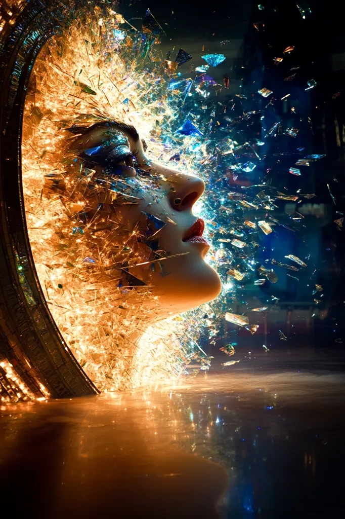 A stylized female face emerges from a burst of shattered, luminous glass.  Warm, golden hues contrast with cooler blues and greens in the fragmented pieces. The image is surreal and evocative, possibly representing transformation, vulnerability, or the shattering of perceptions. The reflection in a dark, reflective surface below enhances the ethereal quality.