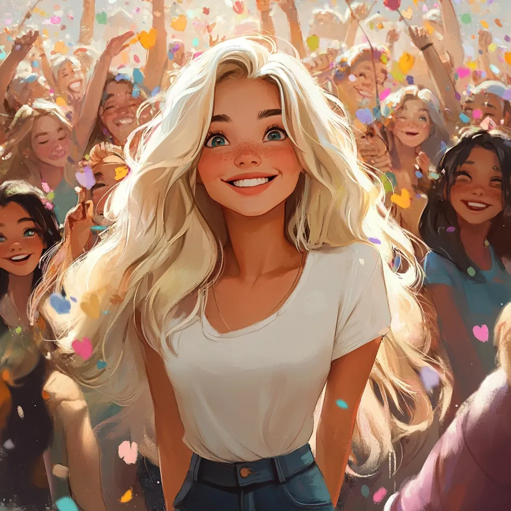 A cheerful blonde girl with freckles and a bright smile is surrounded by a jubilant crowd showering her with confetti.  She's wearing a white t-shirt and blue jeans, her long hair flowing around her. The scene is vibrant and joyful, capturing a moment of celebration and happiness.  The style is digitally painted, with a soft, whimsical feel.