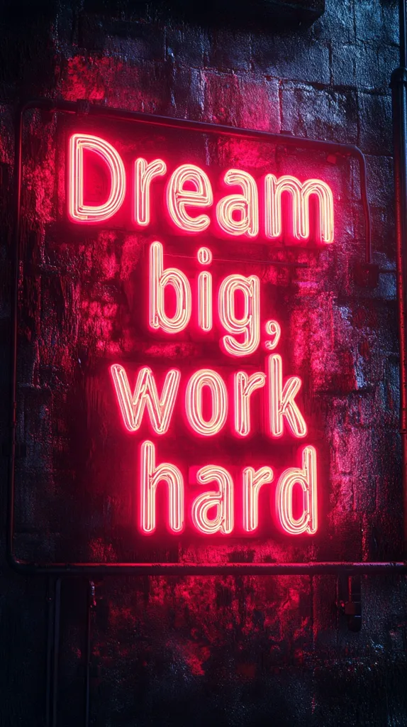 A vibrant pink neon sign, mounted on a dark brick wall, boldly proclaims "Dream big, work hard."  The sign's bright glow contrasts sharply with the textured, damp brick background, creating a striking visual effect. The message is motivational and aspirational, emphasizing the importance of ambition and effort.