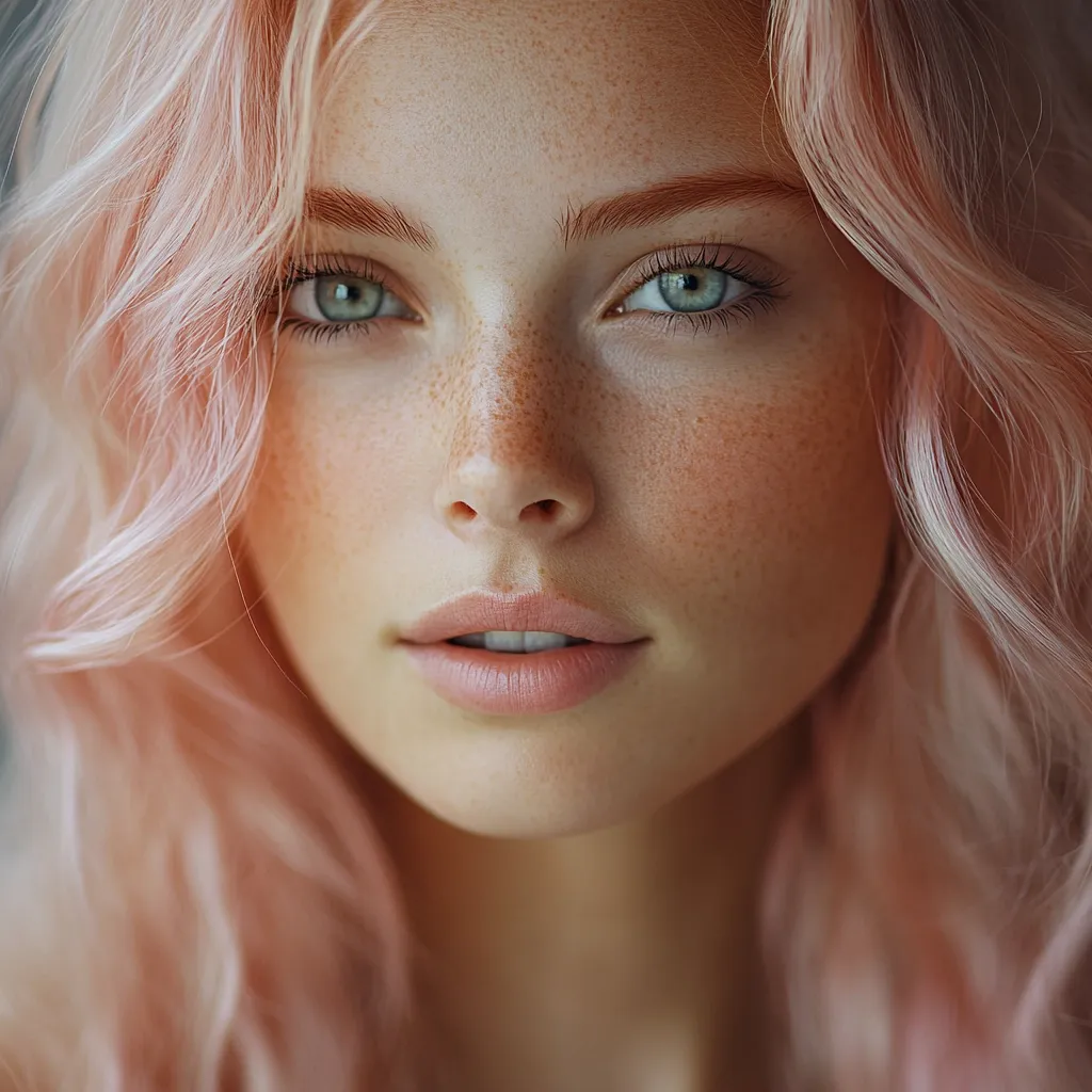 Close-up portrait of a young woman with pale skin and light pink hair.  She has freckles scattered across her face and light green eyes. Her expression is serene and direct, looking straight at the camera.  The soft lighting enhances her delicate features and the overall aesthetic is one of natural beauty.