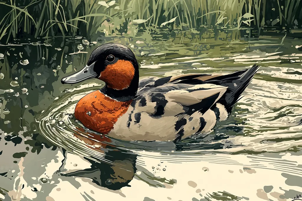 A vibrant illustration depicts a male common pochard duck gracefully swimming in a calm pond. Its plumage is a striking mix of black, white, and a rich, burnt orange on its breast. The duck is surrounded by gentle ripples, and the water reflects the surrounding greenery, creating a serene and picturesque scene.  Tall grasses line the pond's edge, adding depth to the composition.