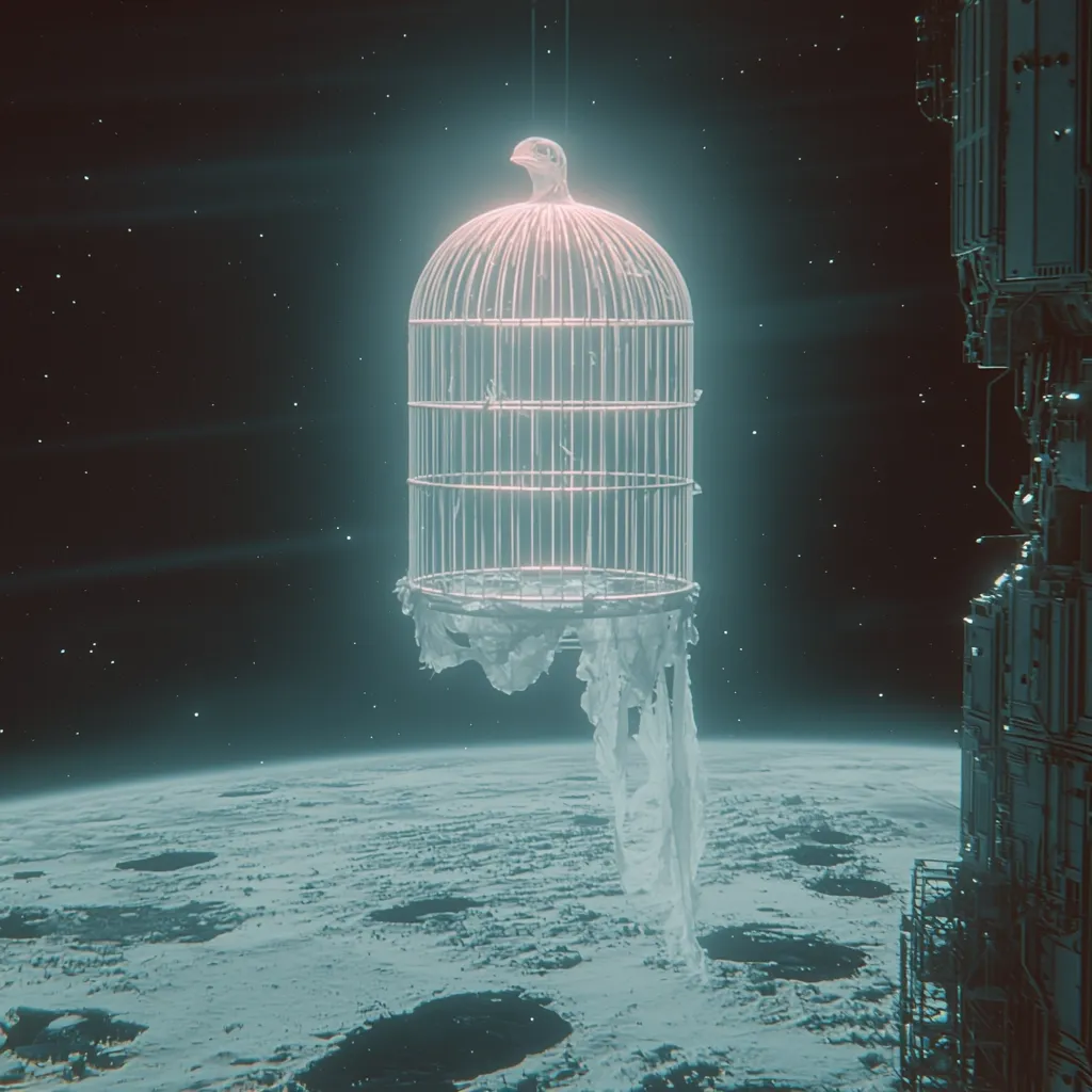 A glowing, empty birdcage hangs in the inky blackness of space, suspended above a pale, icy planet.  The cage, seemingly aged and tattered at the base, is illuminated from within, casting an ethereal glow. A futuristic space station is partially visible in the background, adding to the surreal, melancholic atmosphere. The overall image evokes themes of confinement, freedom, and the vastness of the universe.