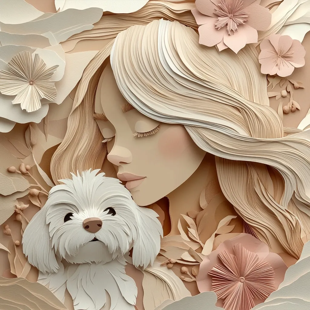 A stunning paper art piece depicts a serene woman with flowing blonde hair, her eyes gently closed.  She cradles a fluffy white dog, both nestled amongst intricately layered paper flowers in soft peach and cream tones. The delicate craftsmanship and calming color palette create a peaceful and beautiful composition.  The artwork showcases exceptional detail and skill in paper sculpting.