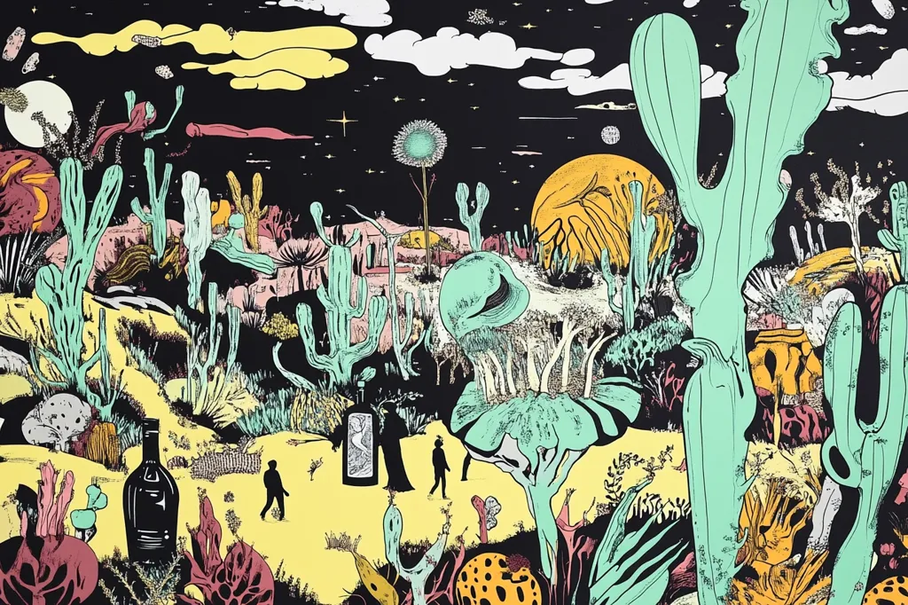 A vibrant, surreal landscape unfolds, dominated by stylized cacti and otherworldly flora in teal, yellow, and pink against a black night sky.  Two figures traverse a pale yellow path, dwarfed by the fantastical vegetation.  Bottles, possibly liquor, rest on the ground, adding to the dreamlike, almost hallucinatory atmosphere. The style is reminiscent of psychedelic art with intricate detailing in each plant and creature.