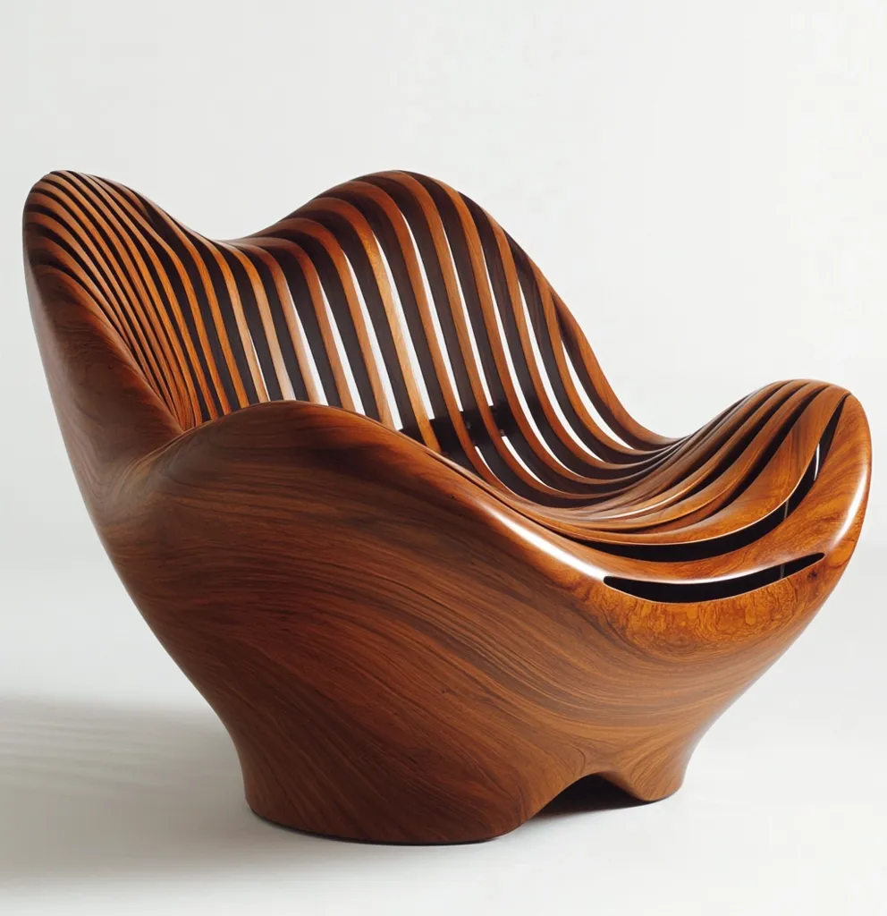 A sculptural wooden chair, crafted from rich, dark wood, is presented. Its form is organic and flowing, resembling a shell or a wave.  The seat features a series of parallel, curved slats, creating a visually striking contrast with the smooth, sculpted exterior.  The chair's design is both modern and artistic, showcasing exceptional woodworking skill.