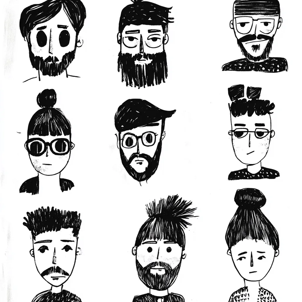 A collection of nine black and white ink drawings depicts stylized portraits of individuals. Each portrait features a unique hairstyle, facial hair (or lack thereof), and eyewear.  The style is simple, almost childlike, with bold outlines and textured shading.  The expressions range from serious to neutral.  The overall aesthetic is minimalist and expressive.
