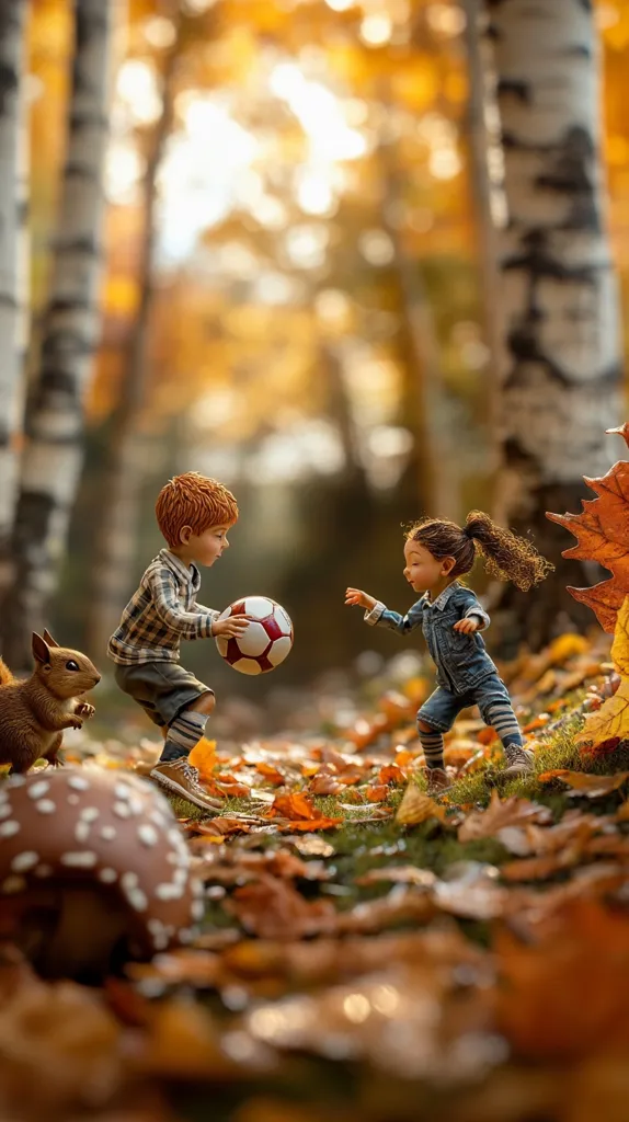 Two miniature children play soccer in an autumnal forest.  A small squirrel observes nearby.  The scene is bathed in warm sunlight filtering through the trees, with fallen leaves carpeting the ground.  The children, dressed in casual clothes, appear to be engrossed in their game amidst the picturesque woodland setting.  The overall mood is whimsical and charming.