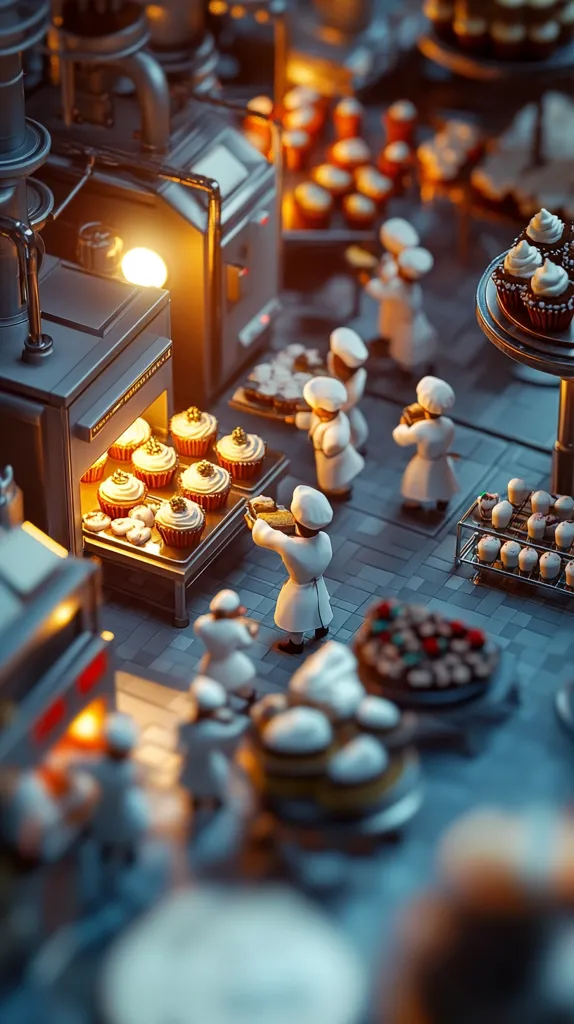 A miniature bakery scene is depicted, bustling with tiny bakers in white coats.  A warm oven glows, filled with rows of freshly baked cupcakes.  Trays overflow with various pastries, and the scene is bathed in a soft, golden light, creating a charming and whimsical atmosphere.  The miniature scale and meticulous detail highlight the intricate process of baking.