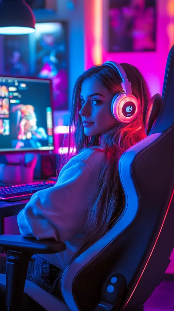 A young woman with long blonde hair sits in a gaming chair, illuminated by vibrant pink and blue neon lights. She wears white headphones and a light-colored sweater.  A computer monitor displaying a game is visible in the background, along with a keyboard and other gaming peripherals. The overall ambiance is energetic and stylish, typical of a modern gaming setup.