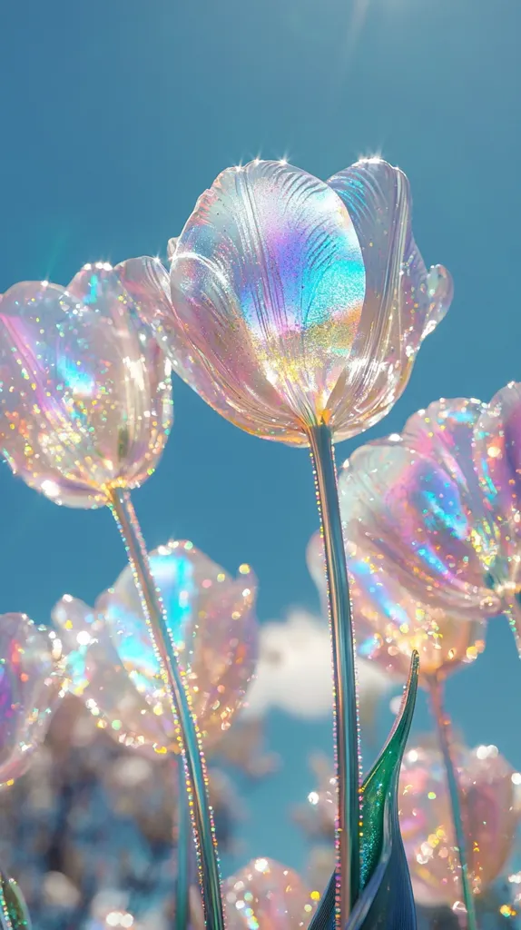 A cluster of iridescent glass tulips shimmers under a bright blue sky.  The translucent petals capture and refract light, creating a mesmerizing rainbow effect.  Each stem is adorned with tiny glittering accents, adding to the ethereal beauty of this artistic arrangement.  The scene evokes a feeling of delicate fantasy and magical charm.