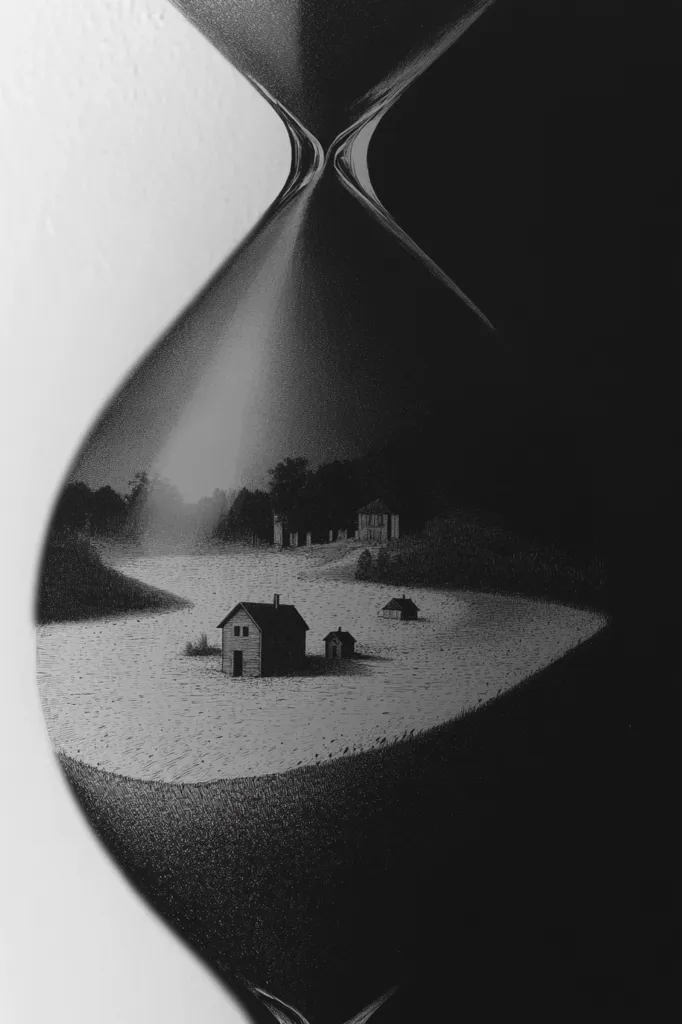 A black and white image depicts a hourglass containing a miniature landscape.  The scene inside shows a tranquil, rural setting with small houses nestled beside a body of water and trees.  The contrast between the dark sand and the light landscape creates a dramatic effect, emphasizing the passage of time. The overall mood is serene yet slightly melancholic.