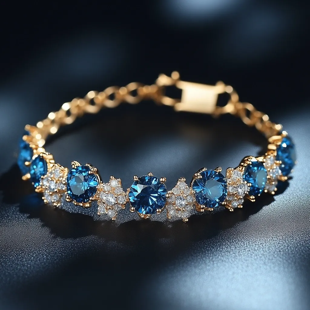 A gold bracelet adorned with vibrant blue gemstones and smaller, sparkling white stones. The blue stones are round and cabochon-cut, set in gold prongs.  The bracelet has a delicate chain link design and a secure clasp. It's a luxurious piece of jewelry, ideal for special occasions or adding a touch of elegance to any outfit.