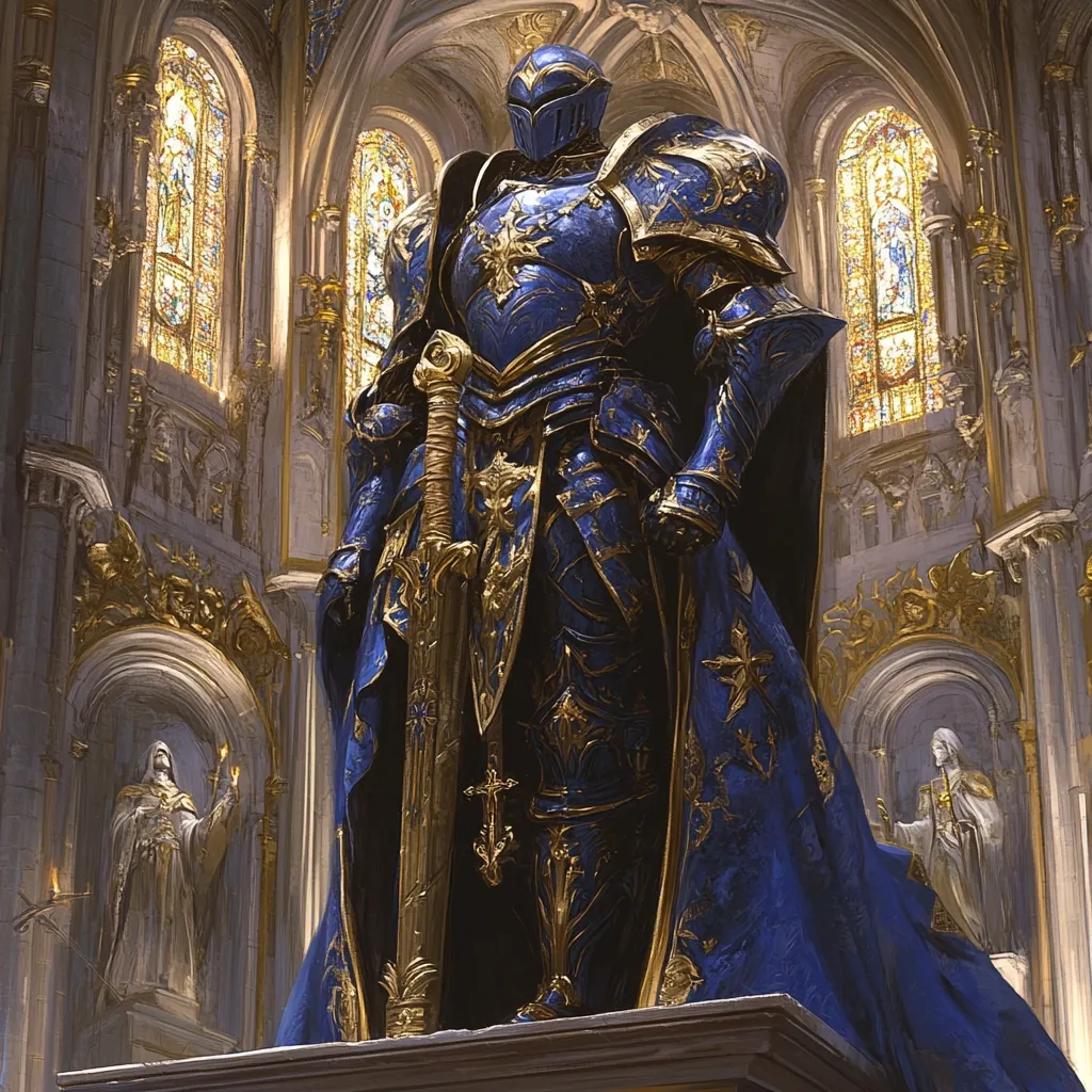 A majestic statue of a knight in ornate blue and gold armor stands within a grand cathedral.  The knight holds a large golden sword, and his armor is intricately detailed. The cathedral's architecture features stained-glass windows and golden embellishments, creating a regal and awe-inspiring setting.  Smaller statues flank the central knight, further emphasizing the monument's importance.