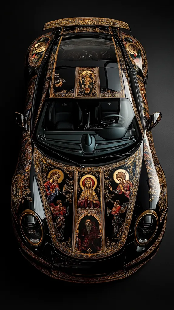 A black Porsche 911 is adorned with intricate gold detailing and religious iconography.  The design resembles Byzantine artwork, featuring saints and ornate frames across the car's hood and roof. The dark background accentuates the gold leaf and rich colors of the hand-painted artwork, creating a striking contrast.  The image showcases a unique and luxurious customization of a high-performance sports car.
