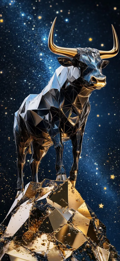 A majestic, dark-gold and black bull, rendered in a striking geometric style, stands proudly atop a golden, crystalline mountain.  The bull's horns curve elegantly upwards, and its form is detailed with sharp, angular facets that reflect light. The backdrop is a deep blue night sky, speckled with countless glittering stars, creating a celestial and powerful image.