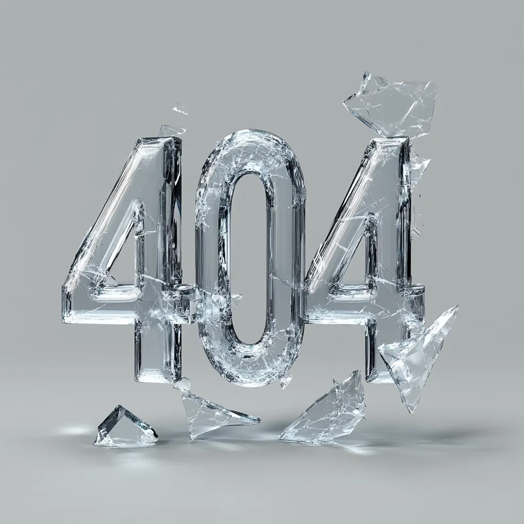 The image shows the numbers "404" rendered in a shattered, icy, or glass-like material.  The digits are fractured and pieces are scattered around them on a light gray background, suggesting breakage or a sense of error.  The visual style creates a dramatic representation of a 404 error, commonly associated with a webpage not found.