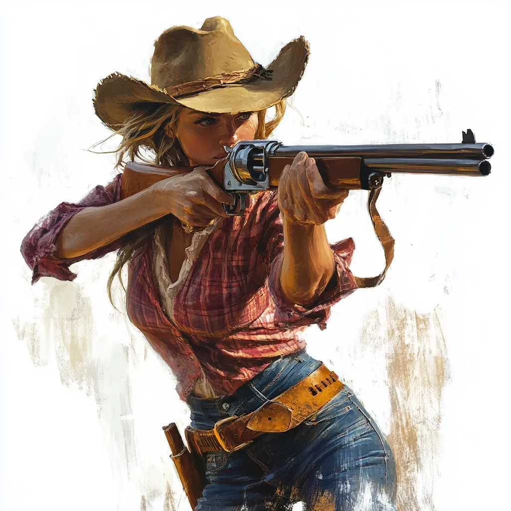 A painting depicts a woman in a cowboy hat and plaid shirt, aiming a shotgun.  Her blonde hair flows behind her as she focuses intently on her target.  The style is painterly and impressionistic, with visible brushstrokes and a light background emphasizing the figure.  She wears jeans and a brown leather belt, adding to her Wild West attire.  The overall mood is one of action and determination.