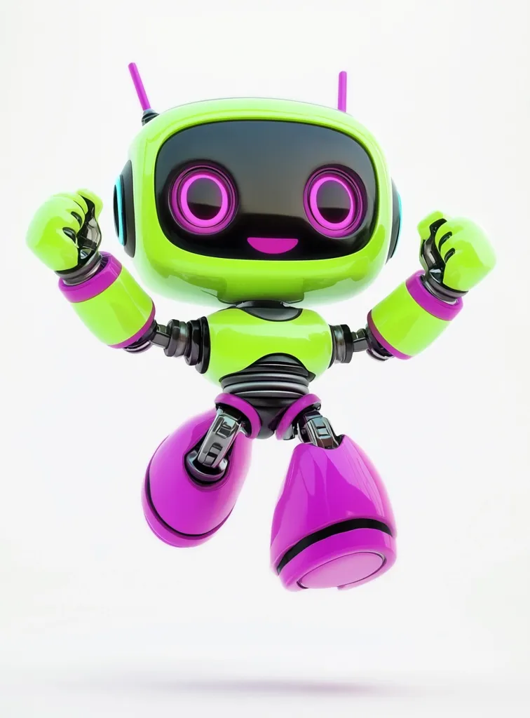 A vibrant green and purple robot joyfully leaps into the air, fists pumped in a celebratory pose. Its large, expressive eyes and cheerful smile convey a sense of playful energy.  The robot's design is sleek and modern, with visible metallic joints and a glossy finish.  It appears to be a cartoonish, friendly character.