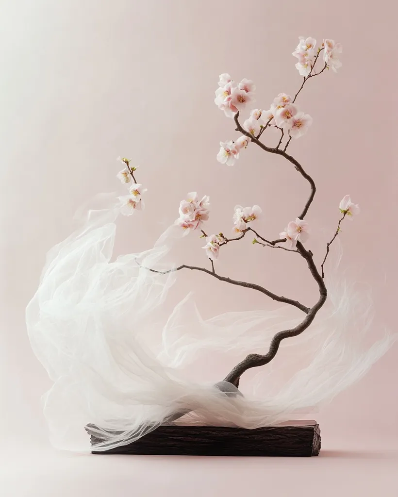 A delicate arrangement features a flowering branch with pale pink blossoms artfully placed on a dark wooden base.  Soft, white tulle fabric drapes around the base and flows gracefully, enhancing the ethereal beauty of the scene against a blush-pink backdrop. The overall aesthetic is minimalist and serene, evoking a sense of elegance and tranquility.