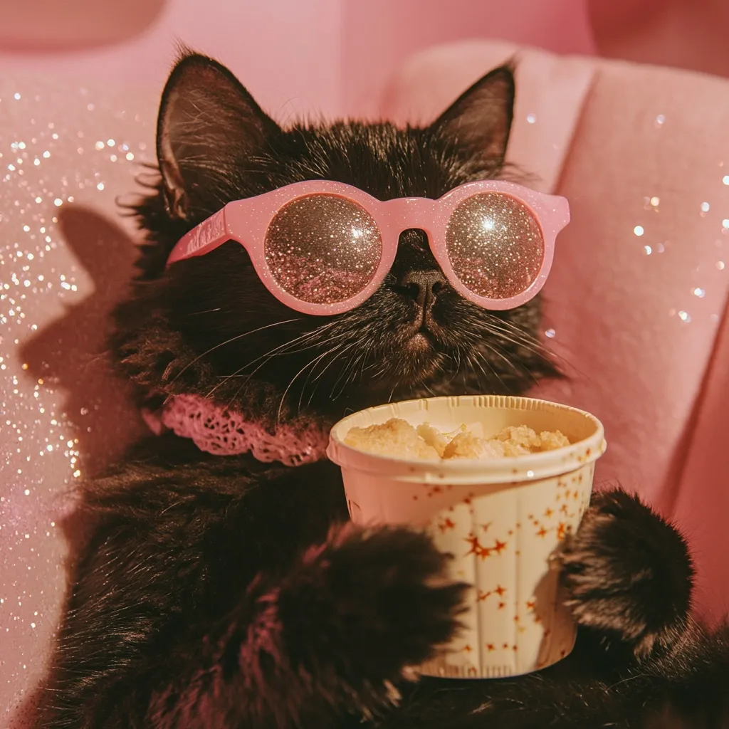 A stylish black cat, adorned with pink glitter sunglasses and a delicate lace collar, enjoys a cup of popcorn.  The cat sits in a pink, sparkly setting, creating a glamorous and whimsical scene.  The overall aesthetic is playful and fashionable, capturing the cat's relaxed enjoyment.