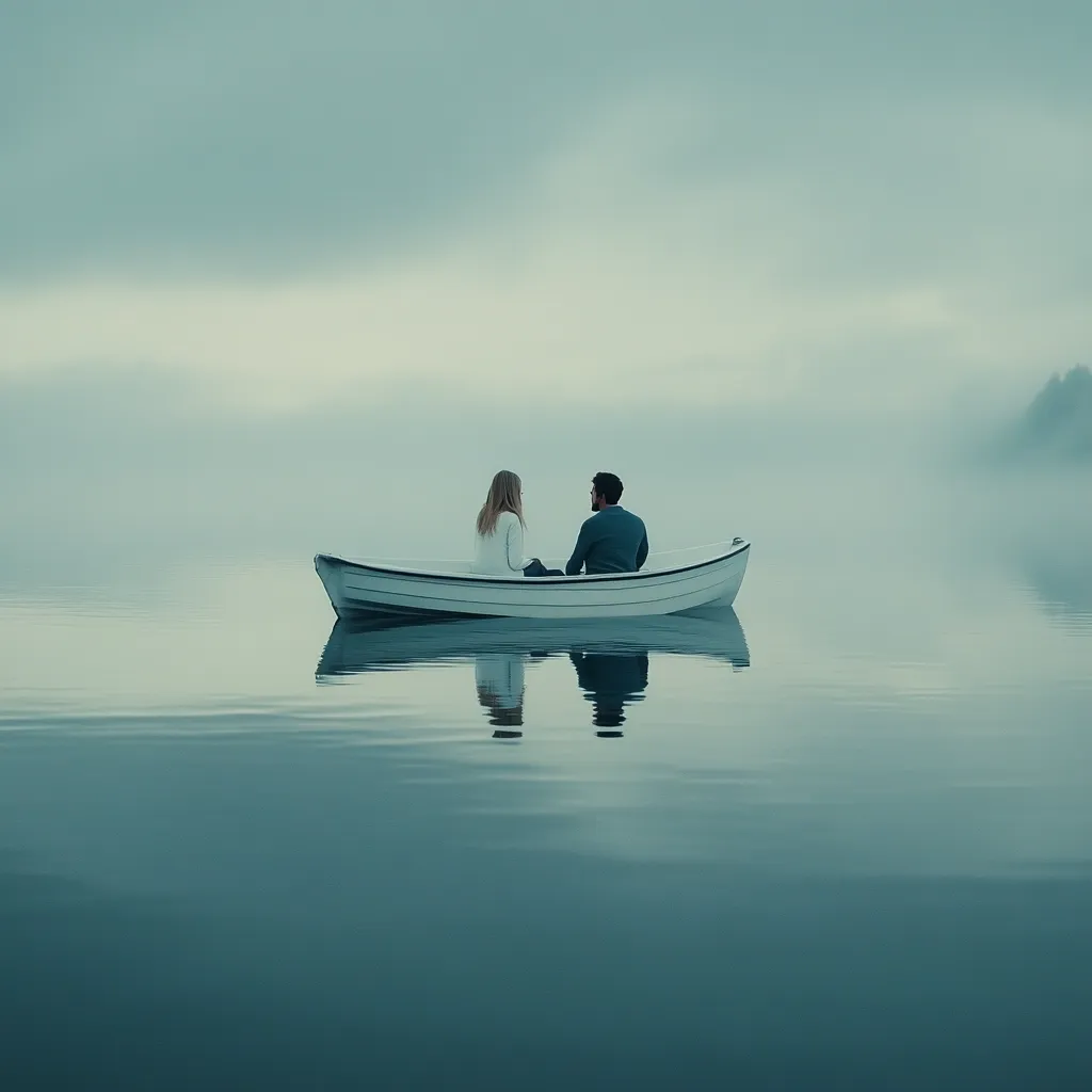 A serene image depicts a man and woman sitting back-to-back in a small white rowboat on a calm, misty lake.  The fog hangs low, obscuring the shoreline and creating a tranquil, ethereal atmosphere. The couple's quiet solitude emphasizes the peaceful setting.  The water is still, reflecting the boat and the muted colors of the sky.