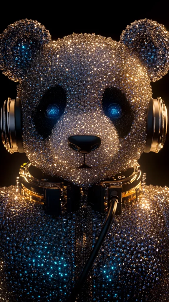 A glittering panda bear, adorned in a shimmering gold and dark blue crystalline texture, is depicted wearing large, dark headphones.  The panda's eyes glow with a vibrant teal light, enhancing its futuristic, almost robotic appearance.  The overall effect is one of opulent luxury and technological sophistication.