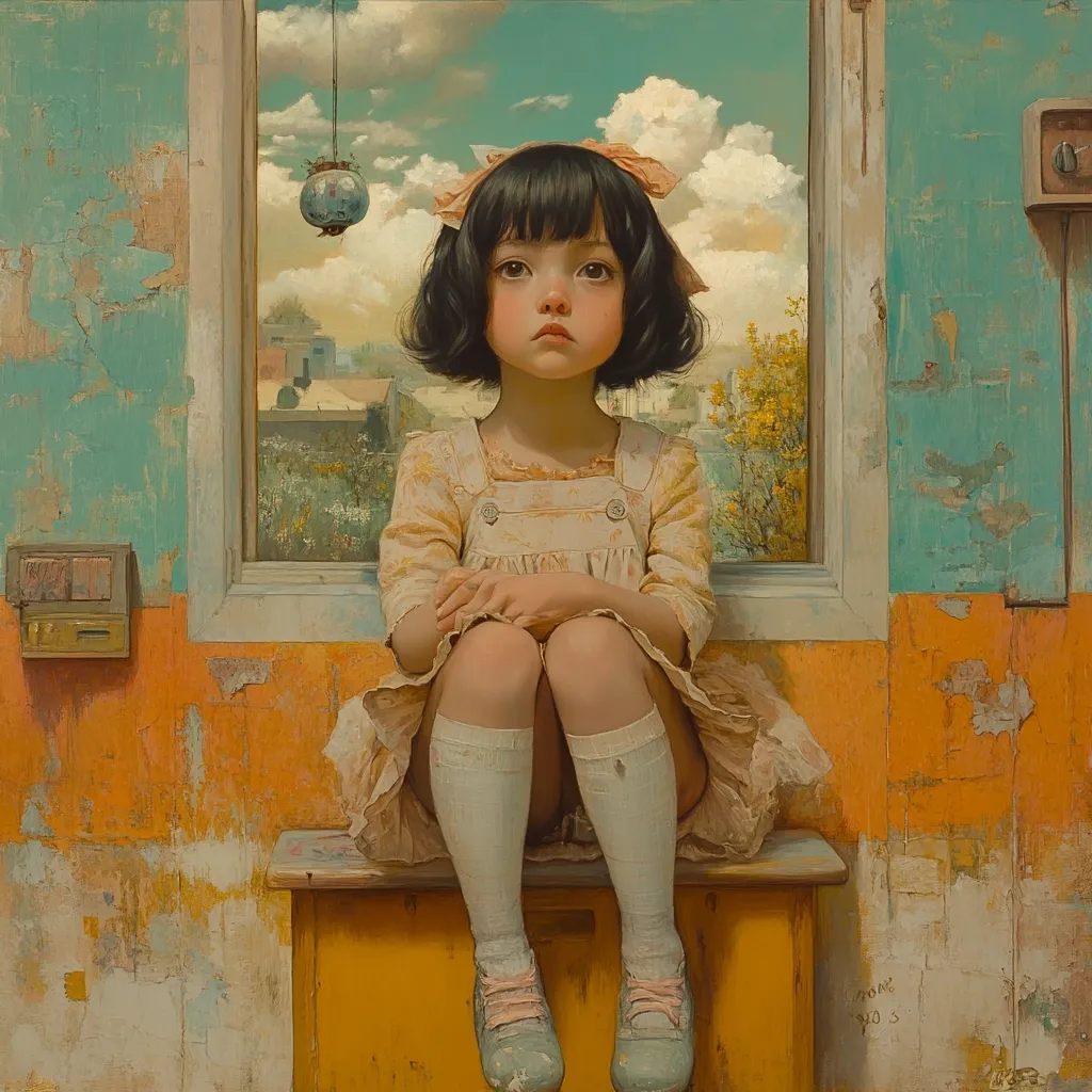 A young girl with dark bobbed hair and a pale complexion sits pensively on a yellow box by a window.  She wears a light yellow dress and white socks with light blue shoes.  The window overlooks a quaint, distant cityscape under a cloudy sky.  The room's walls are textured and painted in muted greens and oranges, creating a nostalgic atmosphere.  A small, hanging ornament is visible outside the window.