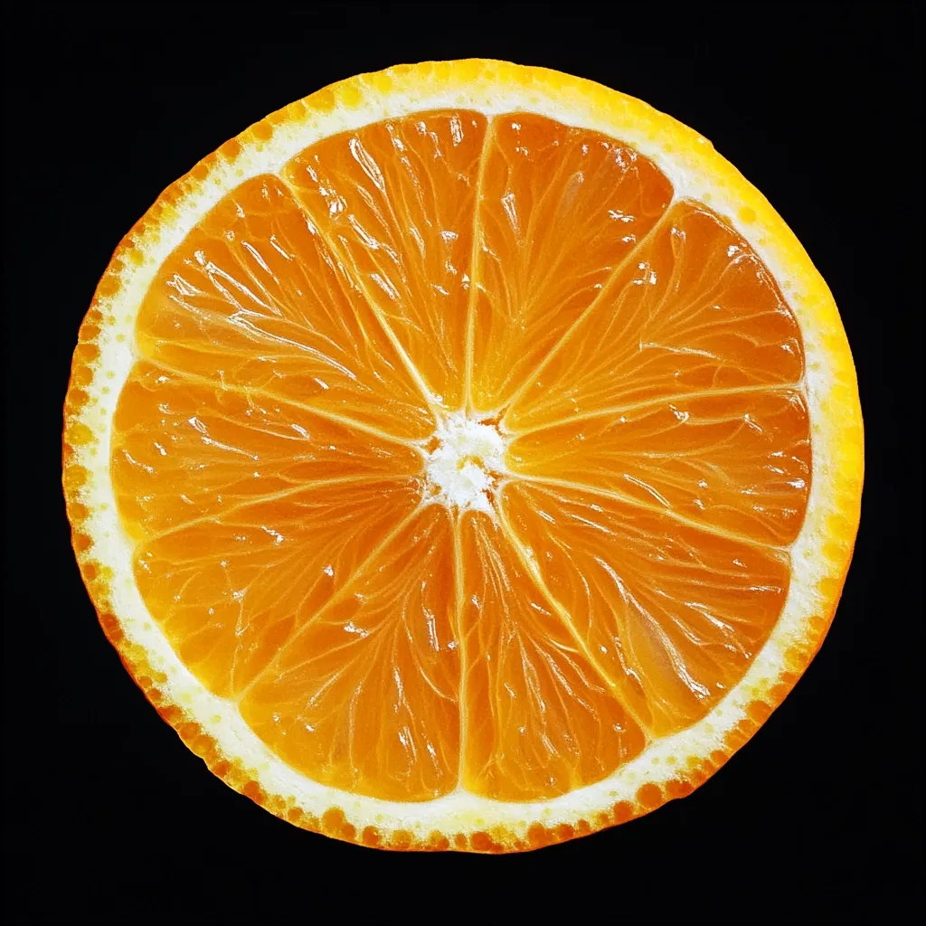 A vibrant cross-section of an orange is displayed against a stark black background.  The juicy segments radiate outwards from the core, showcasing the fruit's texture and bright, saturated color.  The image is a close-up, emphasizing the detail of the orange's inner structure.  The peel is visible, providing a contrasting, slightly lighter rim around the intensely colored flesh.