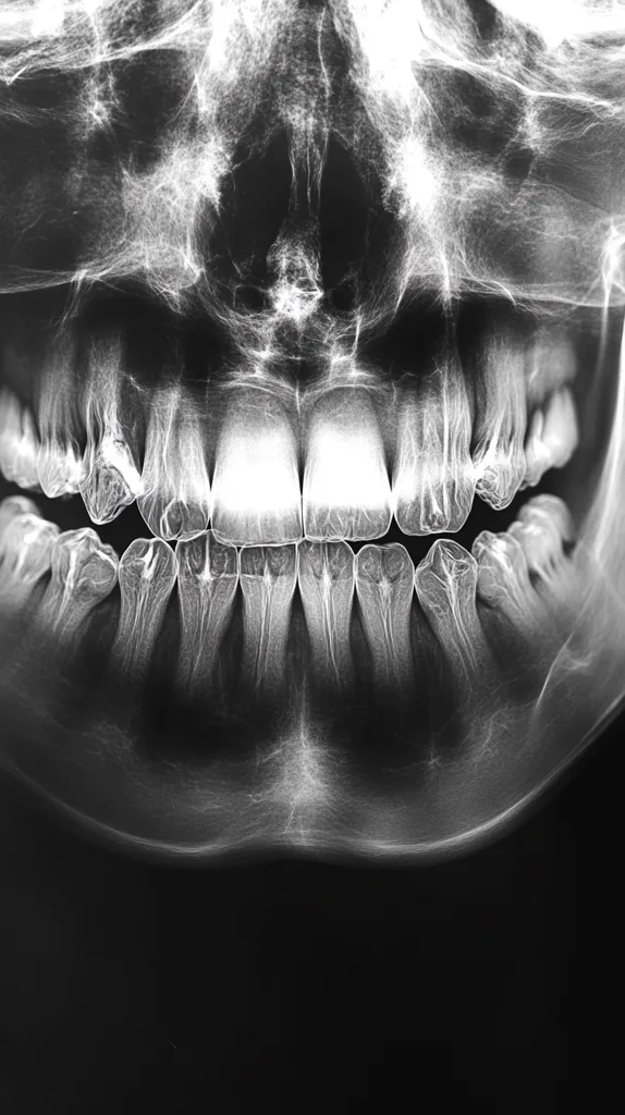 A grayscale dental X-ray shows a full set of teeth, both upper and lower. The image reveals the bone structure of the jaw and surrounding areas. Some teeth exhibit minor irregularities or wear. The X-ray provides a detailed view of the teeth's roots and surrounding bone density, useful for diagnosing dental issues.  The image is centered on the teeth, with the surrounding facial bone visible.