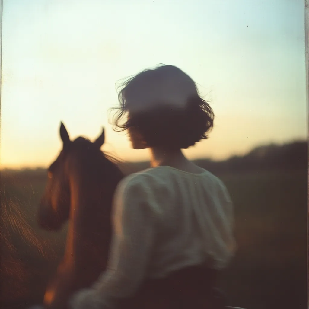A dreamy, soft-focus photograph depicts a young woman with short dark hair, standing beside a dark horse.  The setting sun casts a warm glow, creating a hazy, ethereal atmosphere.  The woman wears a light-colored, loose-fitting top. The overall mood is serene and melancholic. The image has a vintage or film-like quality.