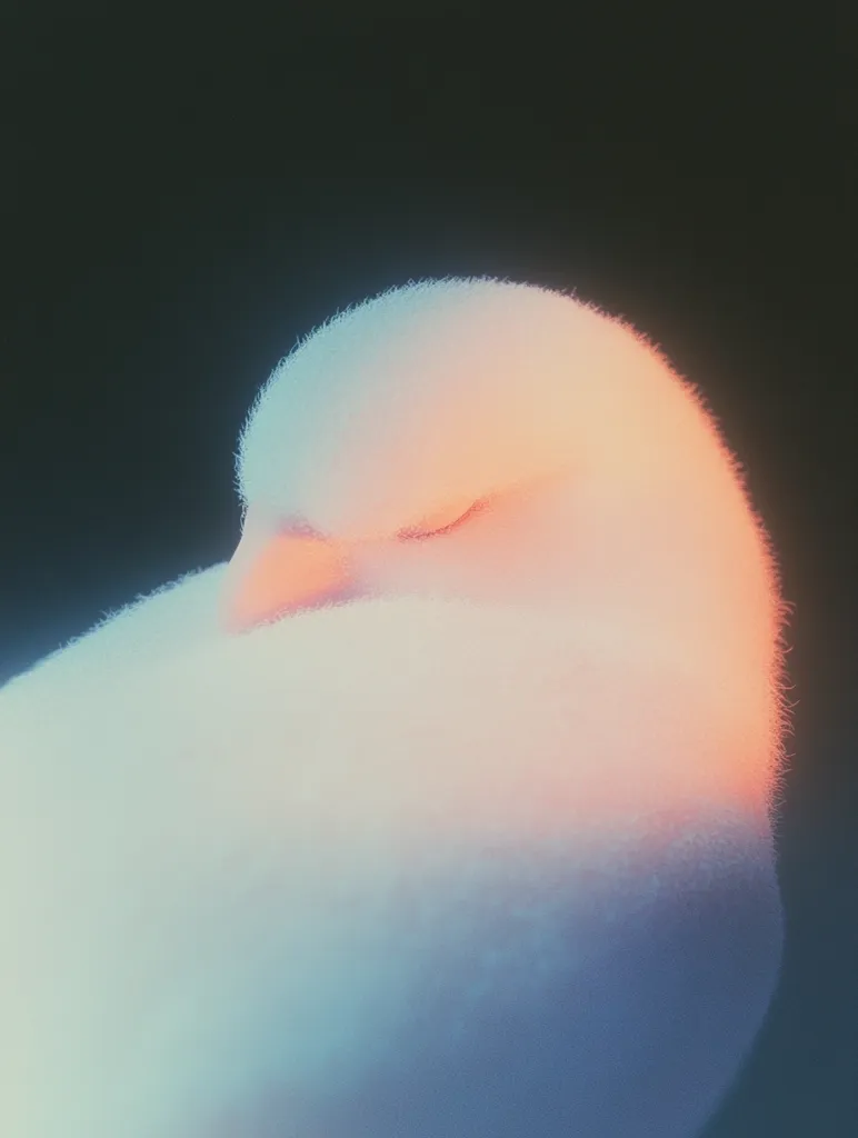 A close-up, stylized image depicts a fluffy, round creature, possibly a bird, sleeping peacefully.  Its soft, textured form is bathed in a pastel light, blending soft blues and oranges.  The creature's eyes are closed, conveying a sense of calm and serenity against a dark background.  The overall impression is one of softness, tranquility, and dreamlike beauty.