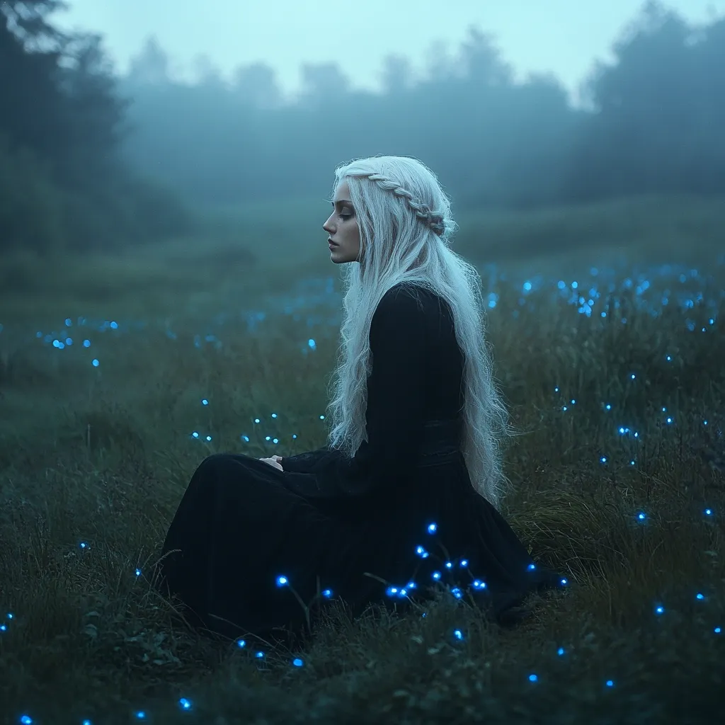 A young woman with long, white braided hair sits in a field at twilight.  She wears a long black dress.  The field is filled with small, glowing blue lights, resembling fireflies.  A misty fog hangs in the background, creating a mysterious and ethereal atmosphere. The overall mood is serene and slightly melancholic.