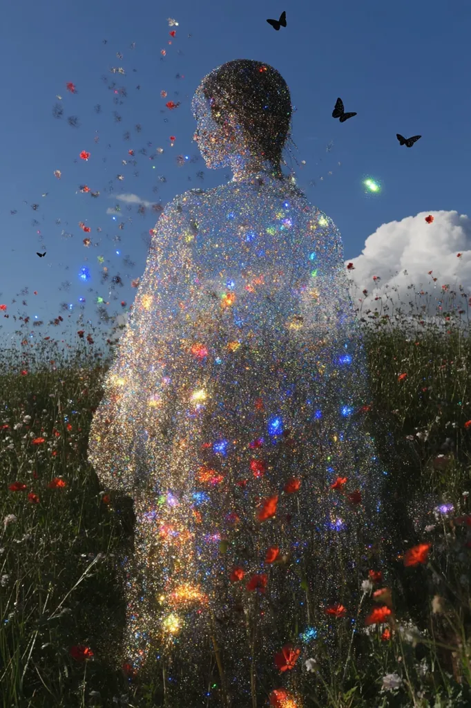 A shimmering, glitter-like figure, resembling a woman, stands in a field of wildflowers.  Multicolored sparkles and small butterflies drift around her, creating a magical, ethereal atmosphere. The sky is a clear blue, accented by a fluffy white cloud.  The overall effect is dreamy and fantastical, suggestive of transformation or enchantment.