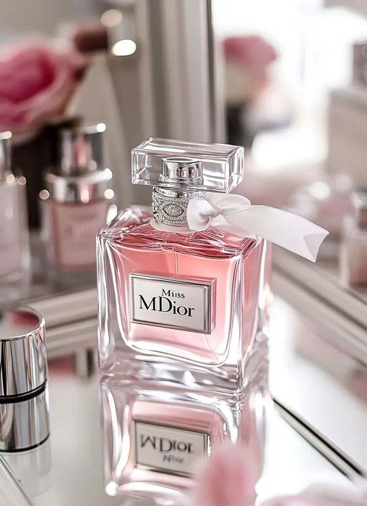 A bottle of Miss Dior perfume sits on a reflective surface.  The elegant, rectangular bottle is filled with a pale pink liquid.  A silver cap adorned with crystals tops the bottle, which is tied with a white ribbon.  The bottle reflects in the surface, creating a beautiful, feminine image.  A blurred pink rose is visible in the background.