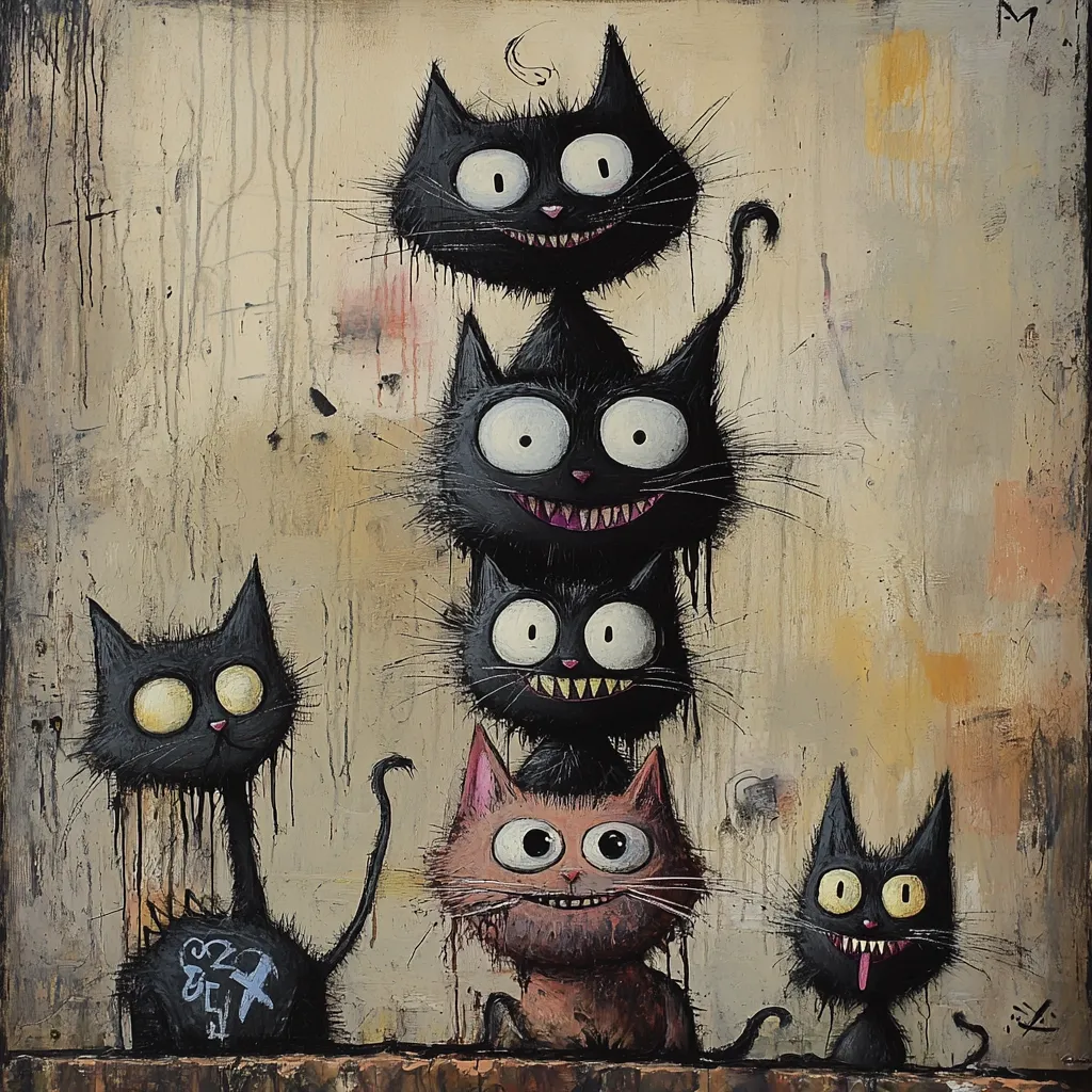A whimsical painting depicts five stylized cats. Three black cats are stacked atop each other, their exaggerated features creating a comical effect.  Two additional cats, one black and one brownish-orange, stand beside the stack.  The cats possess large eyes and wide grins, with a grungy, textured background adding to the artwork's unique style.