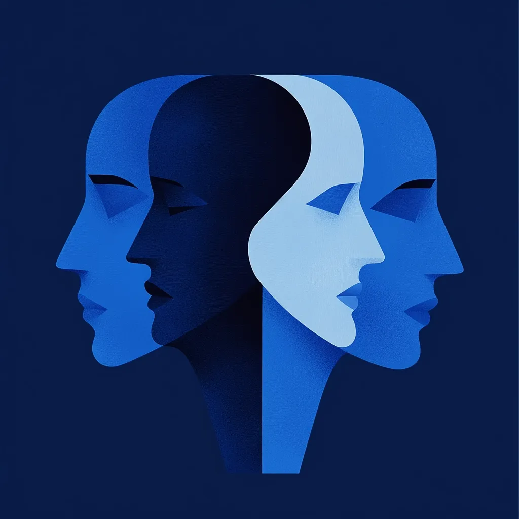 An abstract illustration depicts three stylized faces, partially overlapping, in varying shades of blue against a dark blue background.  The faces are in profile, suggesting a multiplicity of personalities or aspects of a single identity. The color palette and style create a moody and contemplative atmosphere. The image evokes themes of introspection, duality, or the complexity of self.